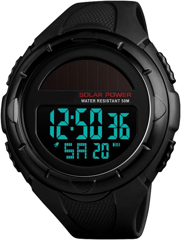 Men's Solar Digital Sports Watch, 50M Waterproof Military Outdoor Watches Black Large Face with Stopwatch Alarm Shock Resistant LED
