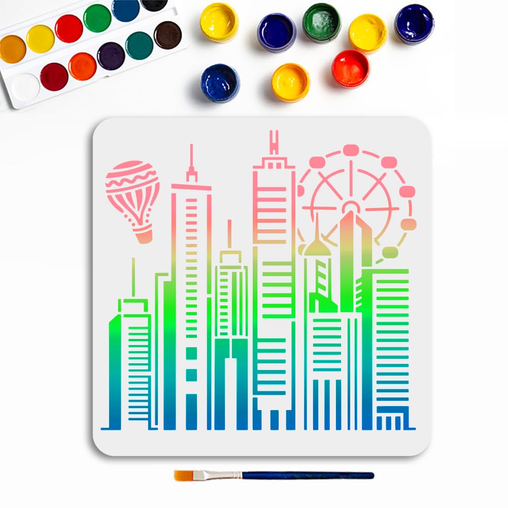 MAYJOYDIY Geometric City Painting Template Tall Building Stencil 30x30cm Reusable Hot Air Balloon Stencil Ferris Wheel PET Hollowing Template for Wall Home Decor DIY Art Craft
