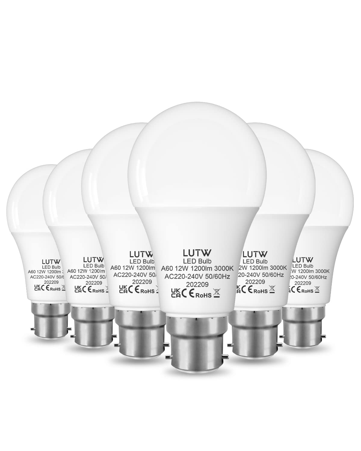 LUTW B22 Led Light Bulbs Bayonet, 100W Equivalent, Warm White 3000K, 12W 1200lm LED Bulbs, BC GLS Energy Saving Light Bulbs, Non-dimmable, Pack of 6 — image 1