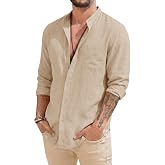 Runcati Mens Linen Button Down Long Sleeve Shirts Summer Beach Shirt | Banded Collar, Cotton, Casual, Wedding Tops, Lightweight, With Pocket