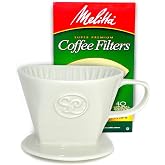 Simply Charmed Ceramic Pour Over Coffee Maker with 40 Count Melitta Filters - Elegant Single Serve Coffee Dripper for Rich Brewed Pour Over Coffee - Base Measures 4", Height 3" - Brews 8-16 oz