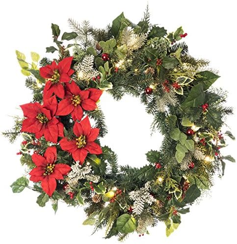30 in. Artificial Pre Lit LED Decorated Wreath Christmas Wreath-Poinsettia flower decorations-50 super mini LED warm clear colored lights with timer and battery pack for indoor and outdoor use