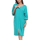 CF Women's 100% Cotton Zipper Robes 3/4 Sleeve Loungewear Knee Length Housecoat Lightweight Zip Up Nightgowns with Pockets
