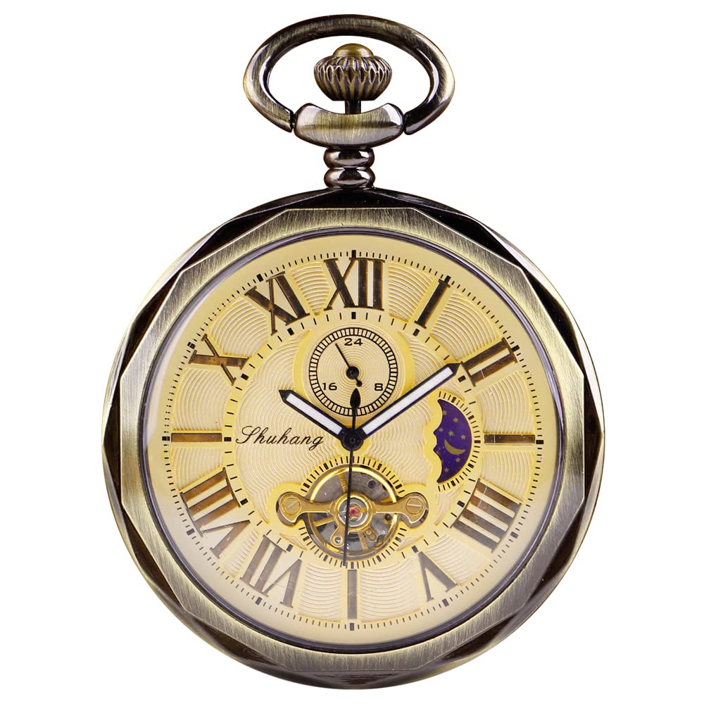 Tiong Antique Copper London Pocket & fob Watches Mechanical Watch Hand Wind Mens Pocket with Chain Xmas Gift Box