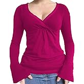 Women Girls Wrap V-Neck Going Out Tops Solid Color Fairy Grunge Long Sleeve Top Y2K Shirts Streetwear