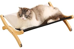 JAWNLITY Large Cat Bed for Indoor Cats, Solid Wood Raised Pet Hammock Bed with Washable Canvas Cover, Sturdy Cat Sleeping Perch Holding 40 lb