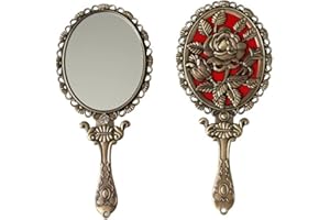 SEHAMANO Vintage Hand Mirror with Embossed Rose on The Back Handheld Makeup Beauty Metal Mirror Compact Purse Small Mirror (Brass (Matt Gold))