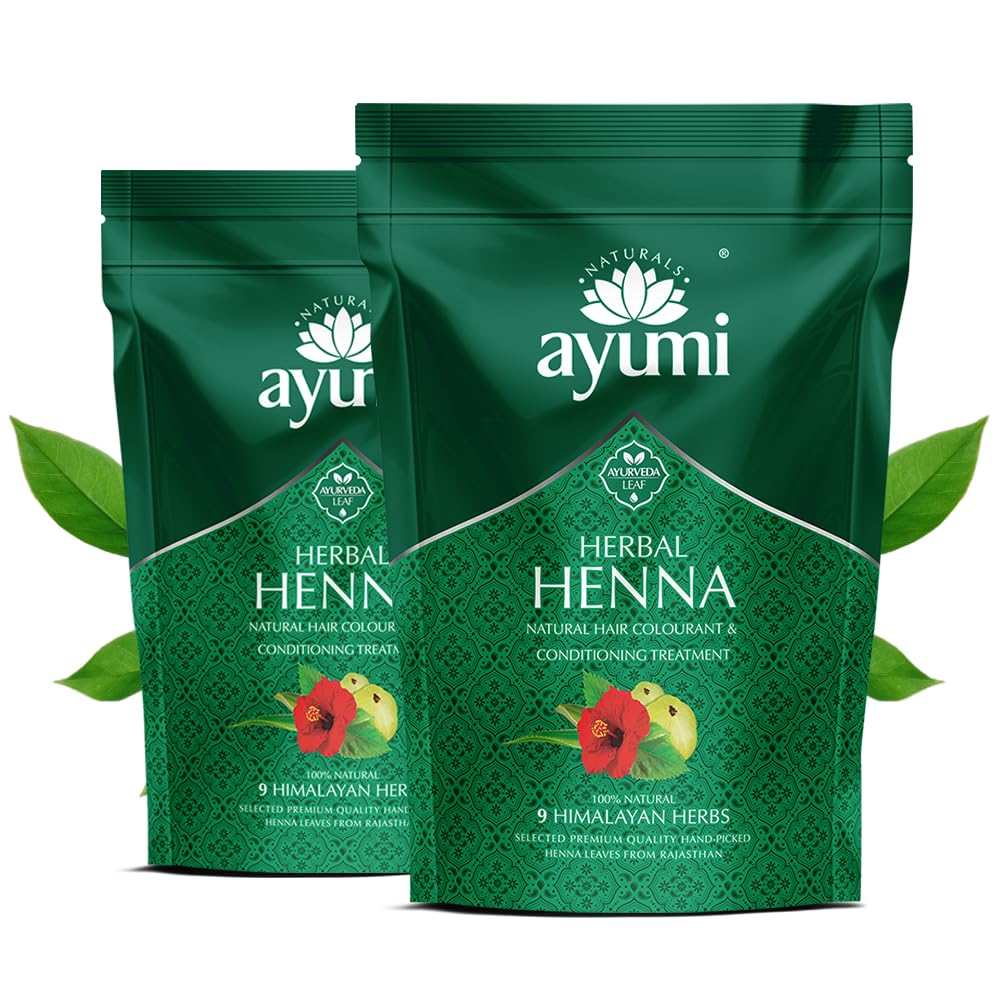Ayumi Herbal Henna Powder with 9 Himalayan Herbs | Bhringraj Powder | Hibiscus | Brahmi | Nourishing Natural Hair Dye, Dandruff Control|Reducing Itchiness Henna Hair Dye for Men & Women| 2x150g