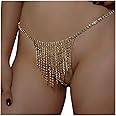 Women Sexy Rhinestone Waist Body Chain Bikini Thong Panties Crystal Body Chain Jewelry (Gold)