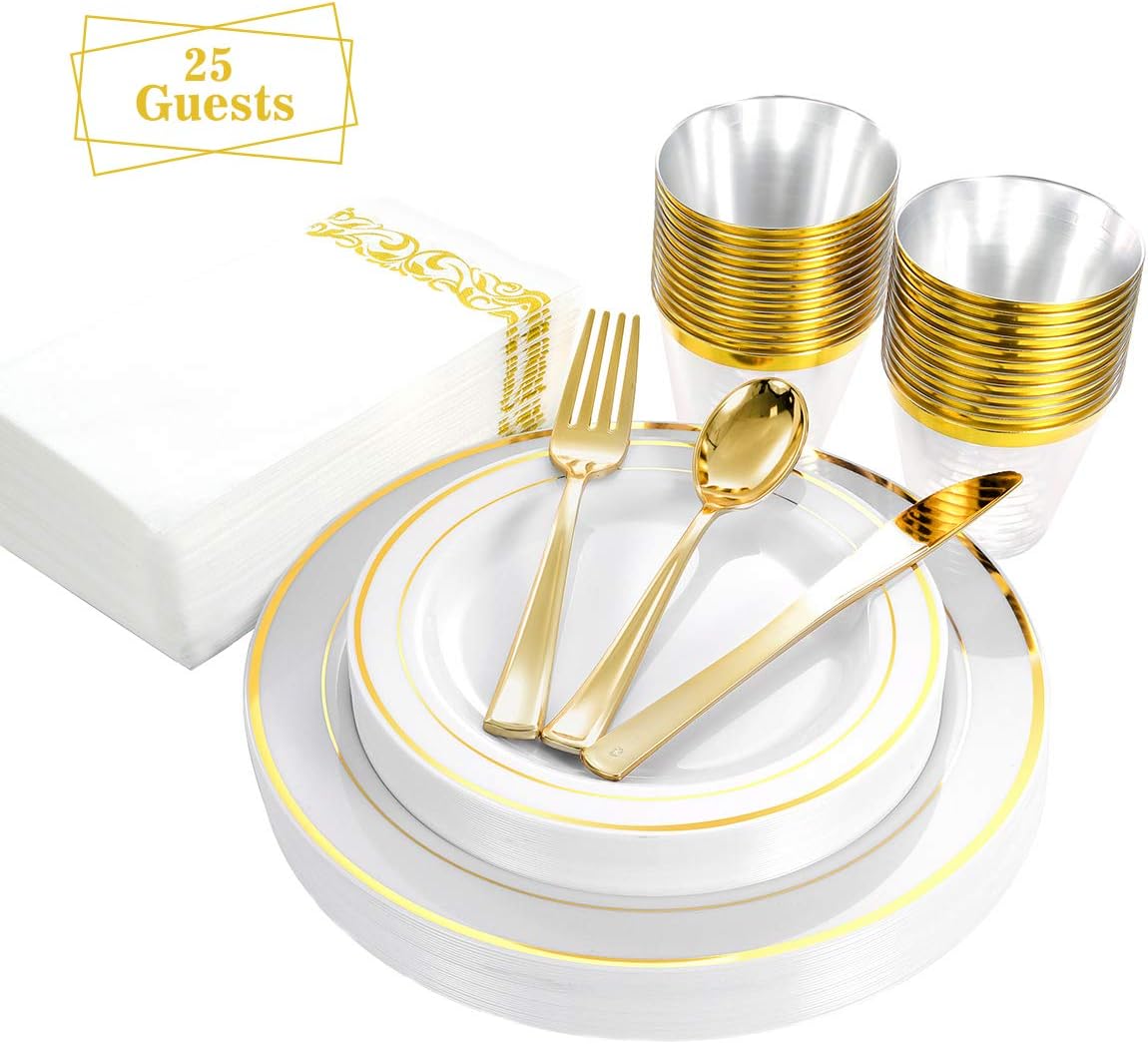 Gold Disposable Plastic Plates Set of 25 Guest(175 PCS), Fancy Tableware for Party Wedding Christmas Thanksgiving Dinnerware with Dinner Plates,Salad Plates,Forks,Spoons,Napkins,Cups Gold Rim Design