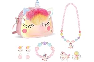 Unicorn Jewelry Set and Handbag for Girls Ages 3-8, Princess Dress Up Accessories, Birthday Party Gifts with Pretend Play Pur