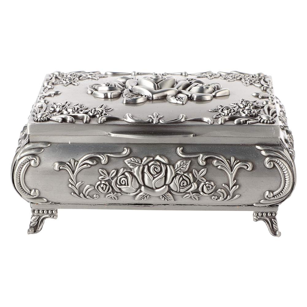 Pongnas Vintage Luxury Rose Carving Rectangular Shape Metal Female Ornament Jewelry Box Antique Silver(12.5 * 9.5 * 5.5)