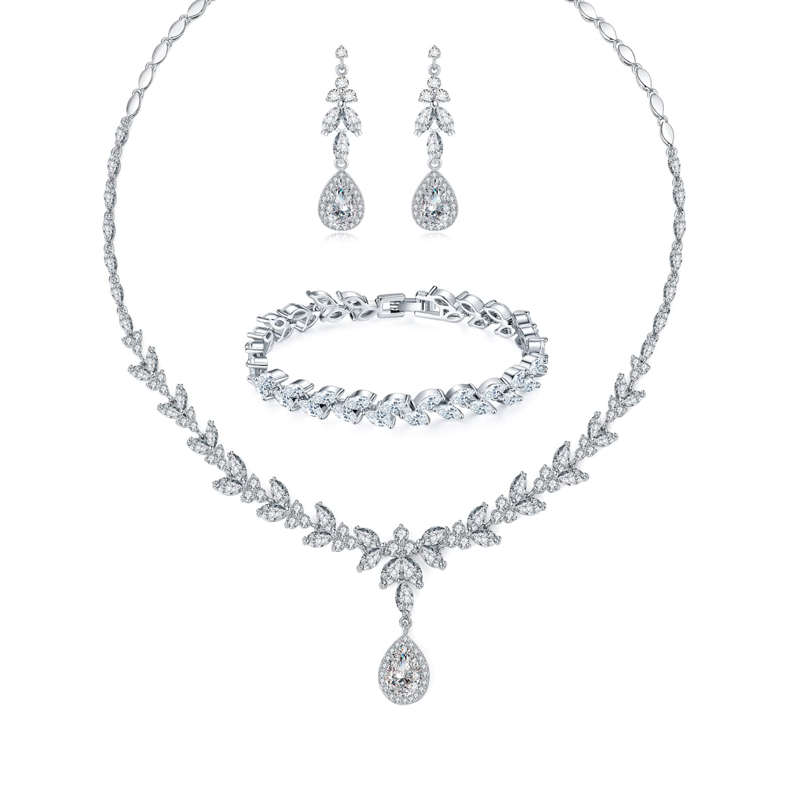 Zolkamery Bridal Jewellery Sets for Women, Bracelet Necklace and Earring Sets with Cubic Zirconia, White Gold Plated Sparkle Briolette Jewellery Set, Wedding Set Jewellery for Bride