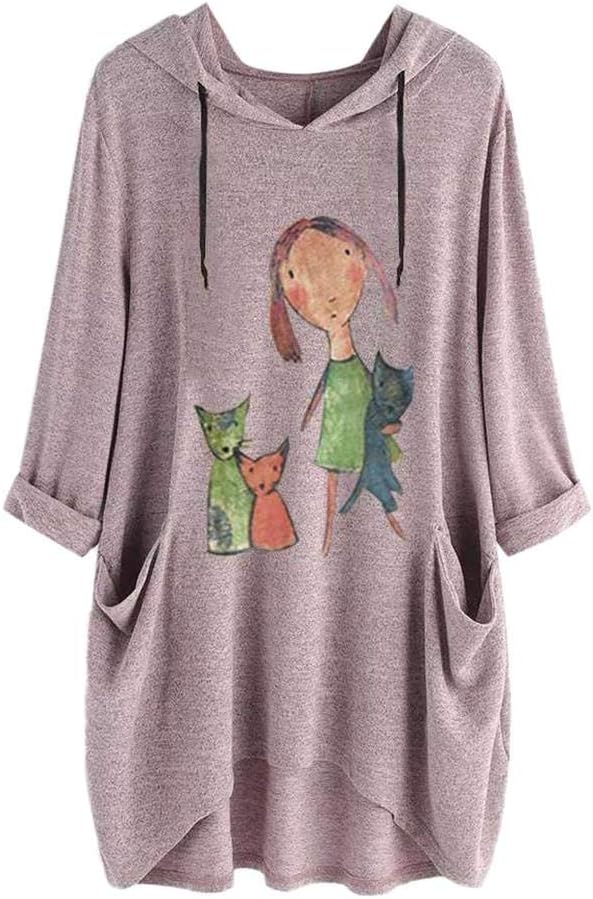 Tops for Women Plus Size Hoodies Sweatshirt Jumper Pullover Long Sleeve 2020 New Selling Casual Cat Print Hooded Tunic Top Blouses …