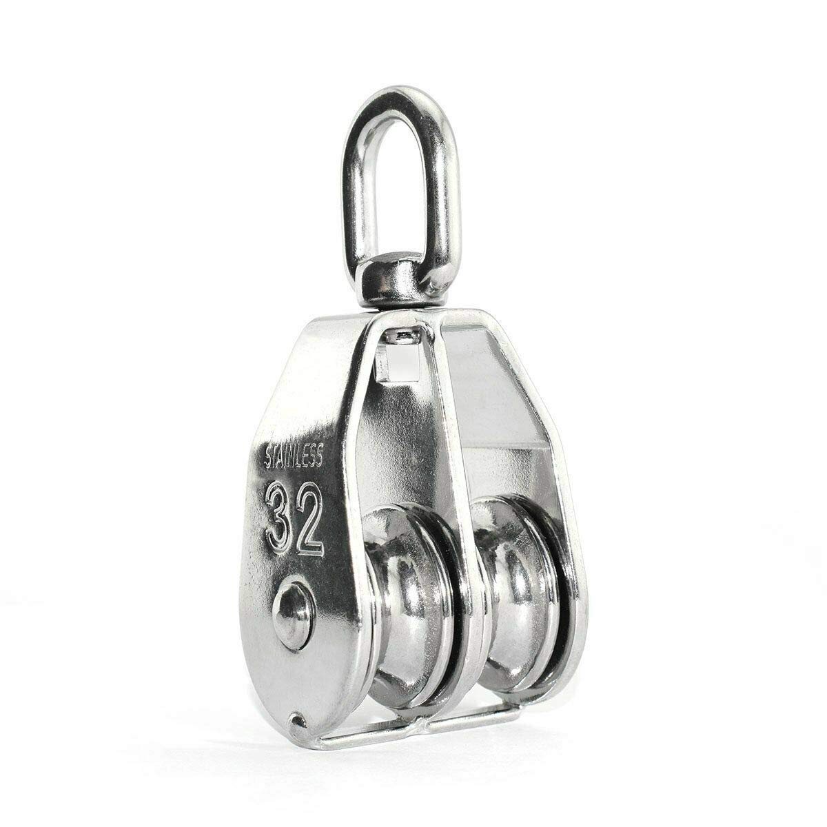 Pulley Block, M32 Double Swivel Pulley Roller, 1Pcs Stainless Steel Pulley Rigging for Lifting Rope Lifter Ship Yacht