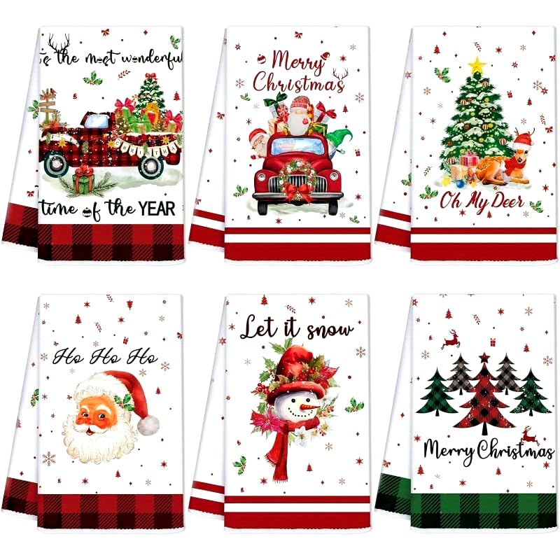 Photo 1 of 1pc 16x24 Inch Christmas Kitchen Towels and Dishcloths Set with Santa, Tree, Snowman, Truck Designs - Winter for Festive Party Decor Random Color