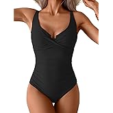 B2prity Women's Underwire One Piece Swimsuit Tummy Control Ruched Bathing Suit Criss Cross V Neck Swimwear