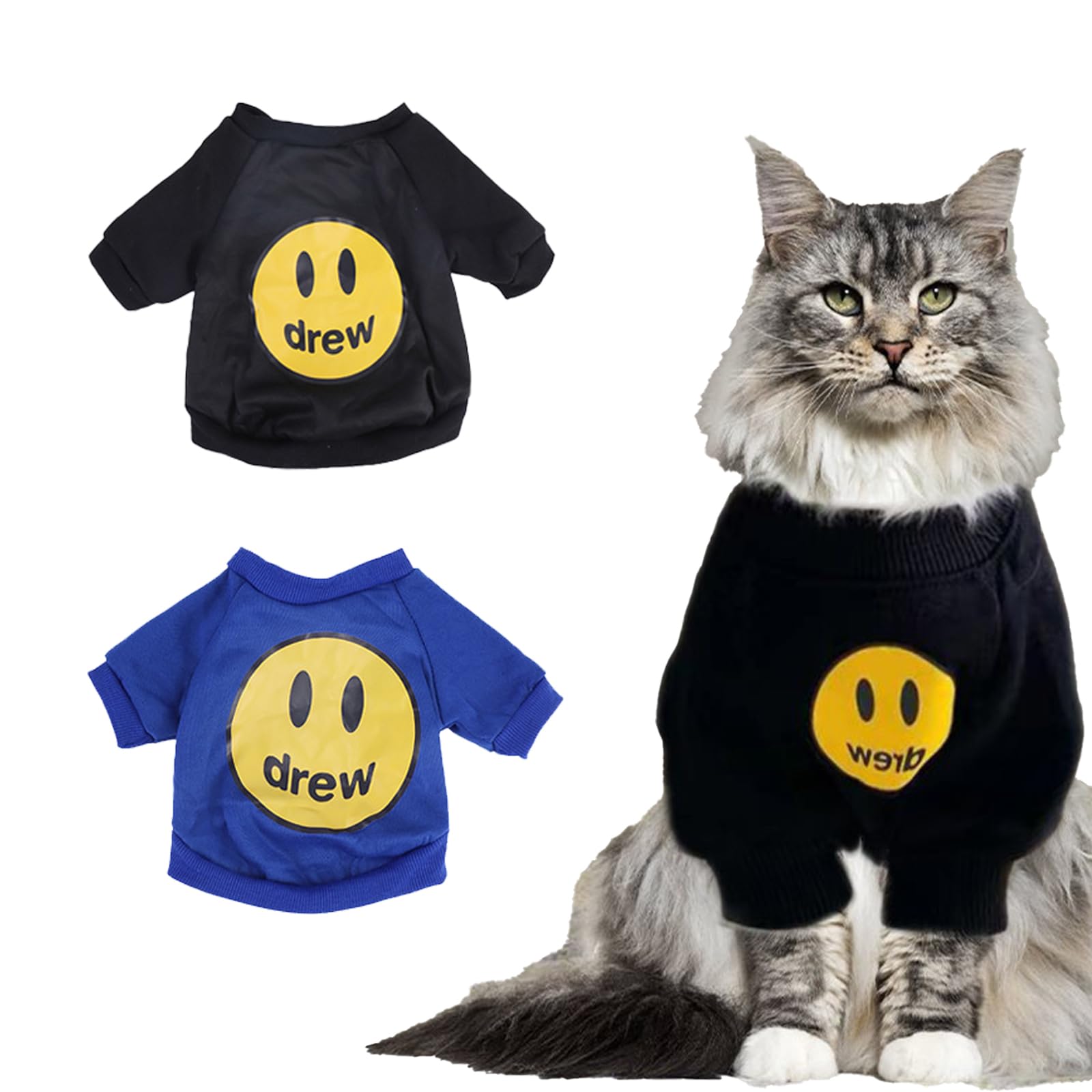 KASESSS 2 Pcs Cat Clothes, Winter Cat Outfit, Cats Clothing, Warm Kitten Clothes, Cats Onesie with Thin Layer of Fleece, Coat Hoodie, Cotton Padded Sweatshirt, Pet Soft Pajamas, Black Blue, L