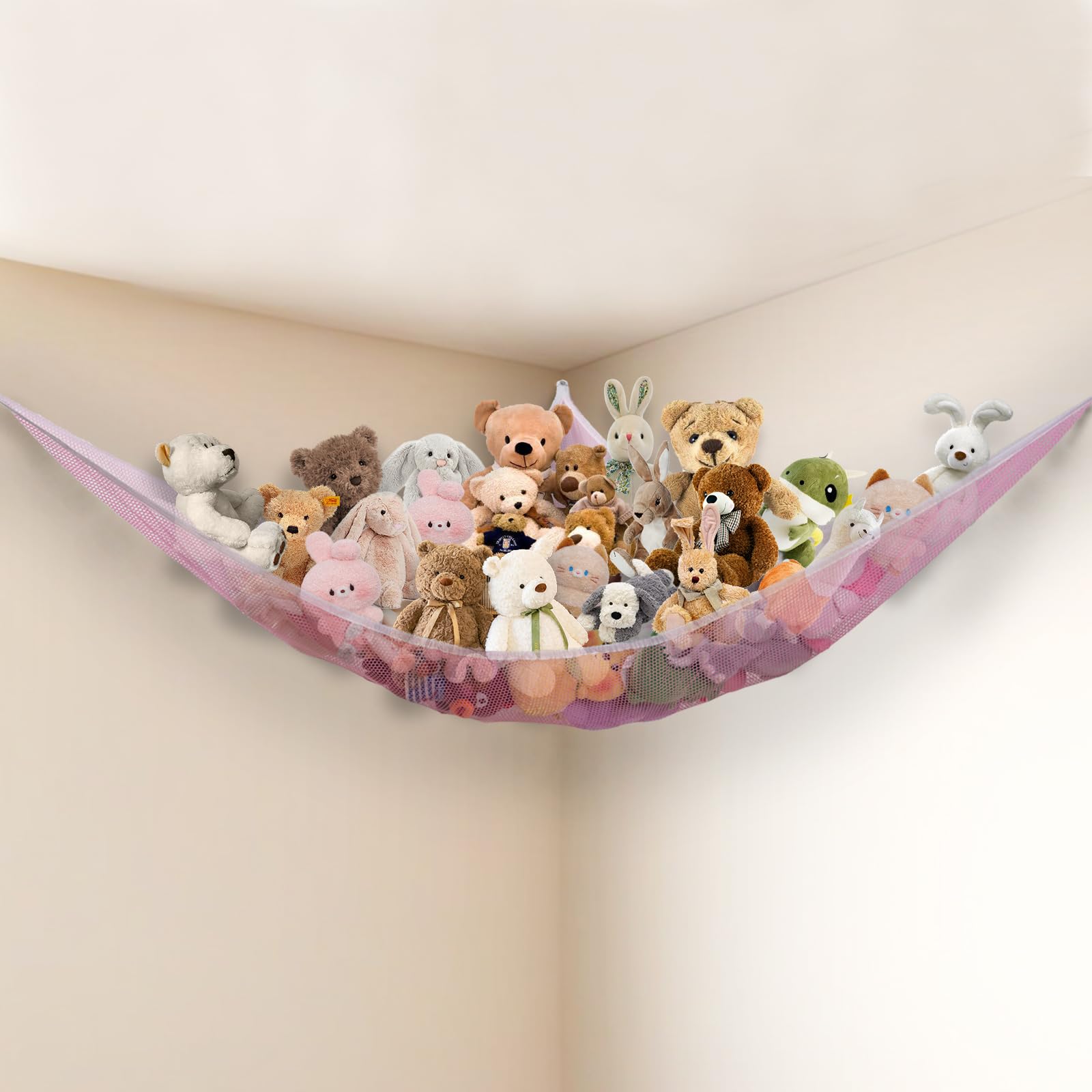 Powkoo Teddy Hammock Toy Storage for Stuffed Animals Soft Toy Storage Hanging Teddy Bear Storage Net Hammock Large Cuddly Toy Storage Kids Preppy Room Decor for Girls Bedroom Accessories (Pink)