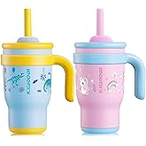 KXIAOCHEN 14 oz Kids Tumbler with Handle for Spill Proof Insulated Stainless Steel Reusable Tumbler for Toddlers, Keeps Drinks Cold up to 24 Hrs,Dinosaur+Unicorn2P