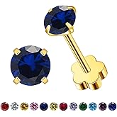 VDKIDKT Flower Screw Back Birthstone Stud Earrings for Women Girls, 3mm G23 Tiny CZ Flat Back Stud Earrings, Screw Back Helix Earrings