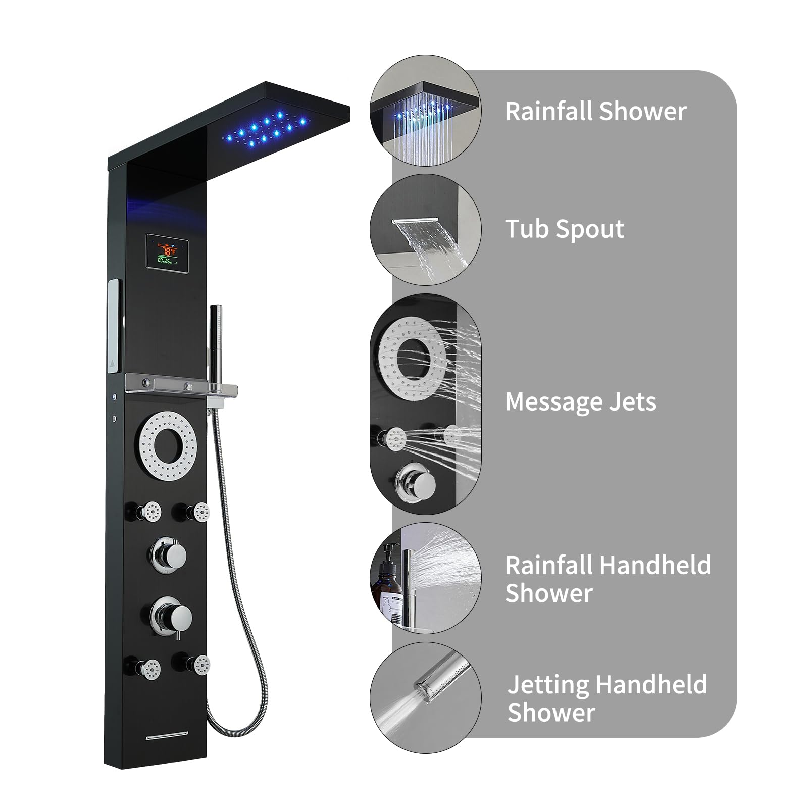 RUMOSE Matte Black Shower Panel Tower