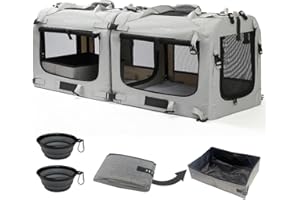 Petseek Extra Large Cat Carrier Soft Sided, Portable Small Dog Carrier for 2 Cats, 24"x16.5"x16" Car Travel Folding Comfortable Design with Litter Box and Bowls, Grey-2+ Litter Box+ Bowl*2