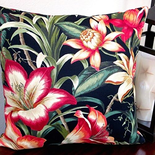 Artisan Pillows Indoor/ Outdoor Black Hawaiian Tropical Hibiscus Flower 18x18 throw pillow With Poly Insert Set of 2