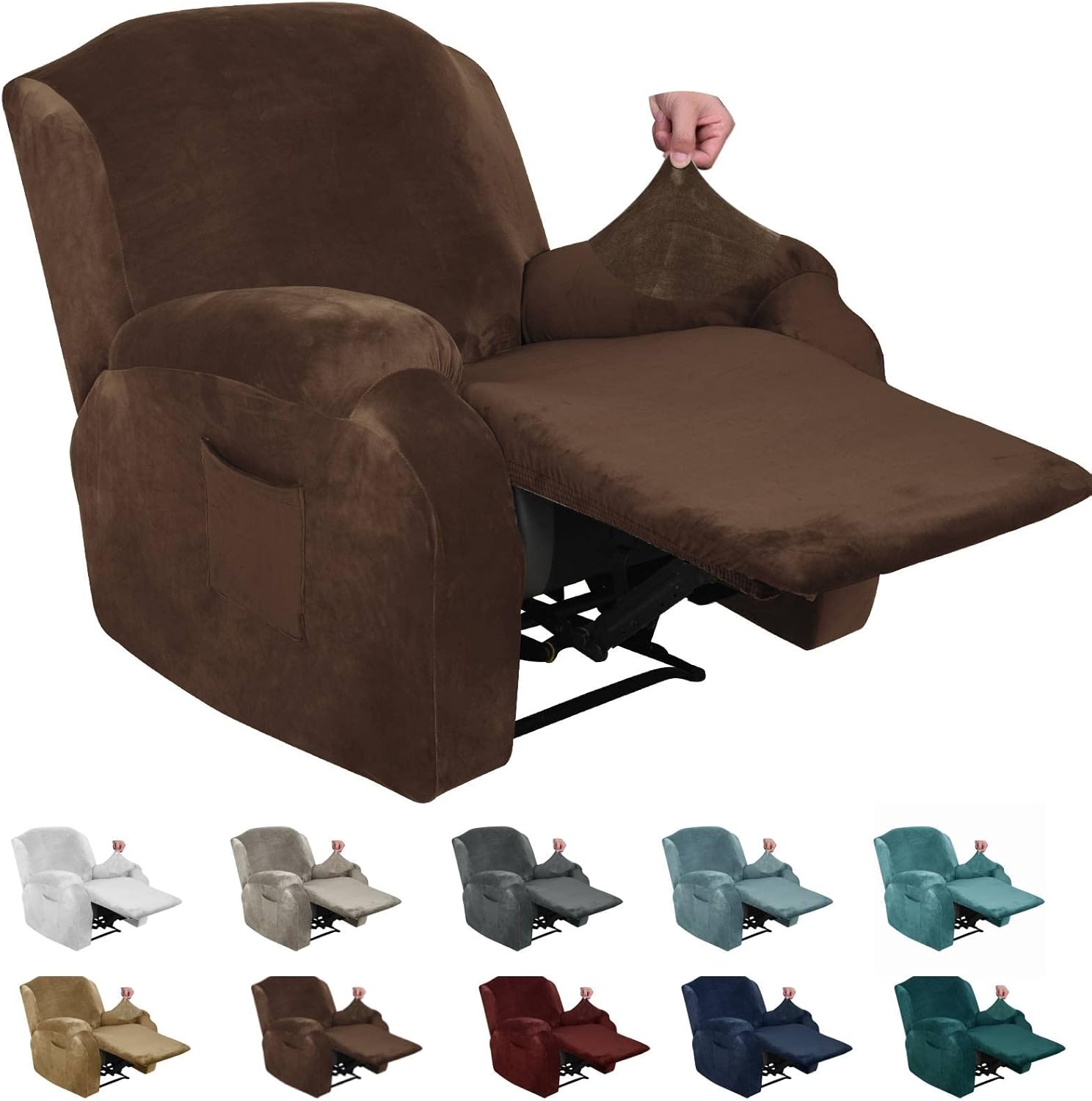 Slipcovers - MAXIJIN Velvet 4 Piece Recliner Cover Stretch Plush Soft Cover for Recliner Chair Thick Soft Recliner Chair Slipcover Separate Chair Cover for Recliner with Side Pocket (Recliner, Dark Coffee)
