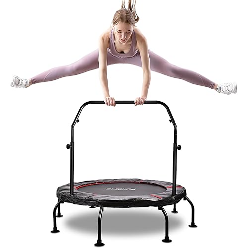 Pukomc 48-Inch Foldable Fitness Trampoline – Max Load 450 lbs, Rebounder Trampoline for Adults with Adjustable U-Shaped Foam Handle, Silent Bungee Workout Trampolines for Indoor/Outdoor Body Exercise