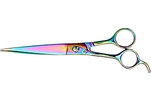 TAMSCO Grooming Shear Left Hand Curved Blade Plasma Coated 8.5-Inch Semi-Convex Edge Japanese Stainless Steel Subtle Curve Left Handed Rainbow Plasma Finish