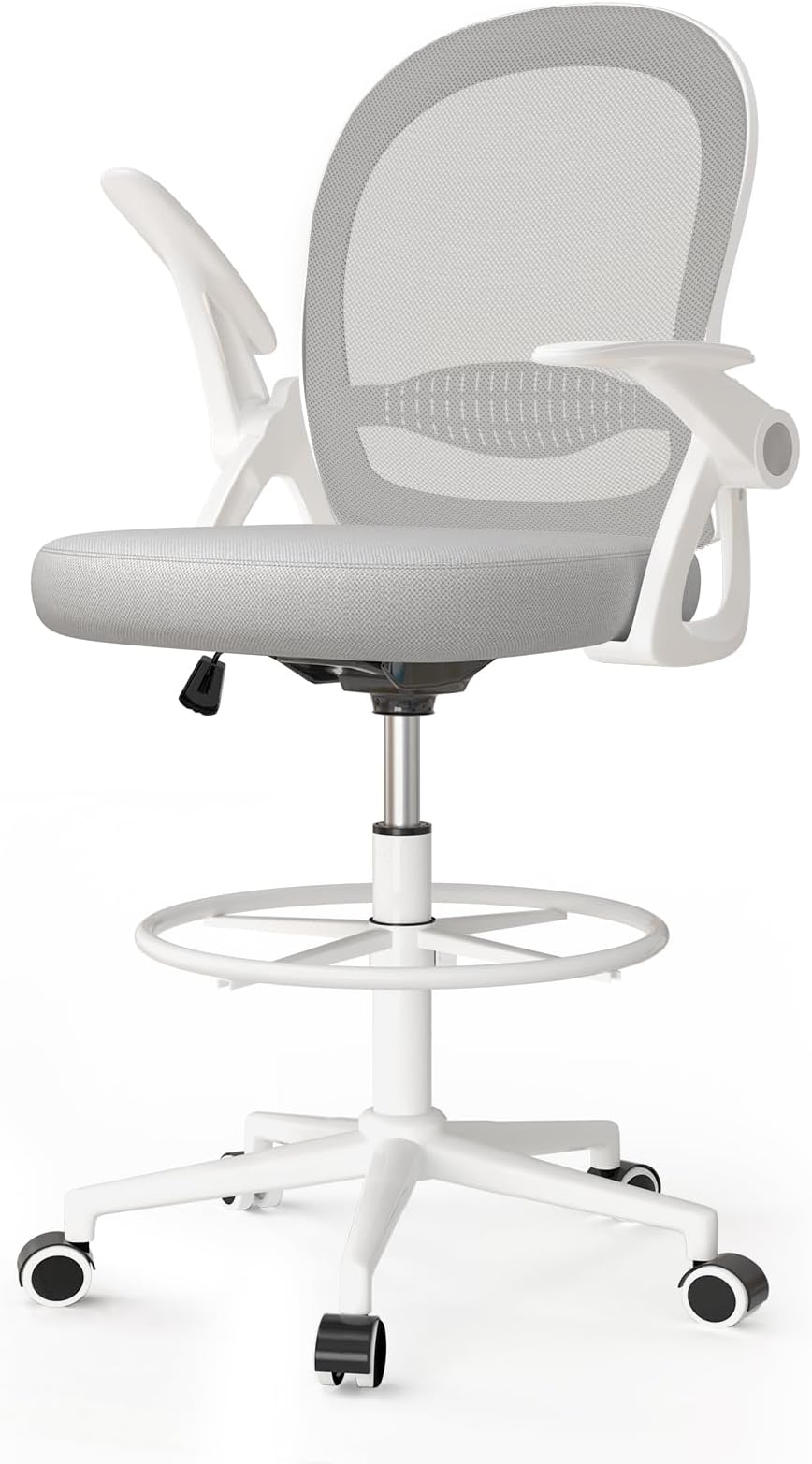 Naspaluro Drafting Chair Tall Ergonomic Office Chair with Flip-Up Armrests Grey