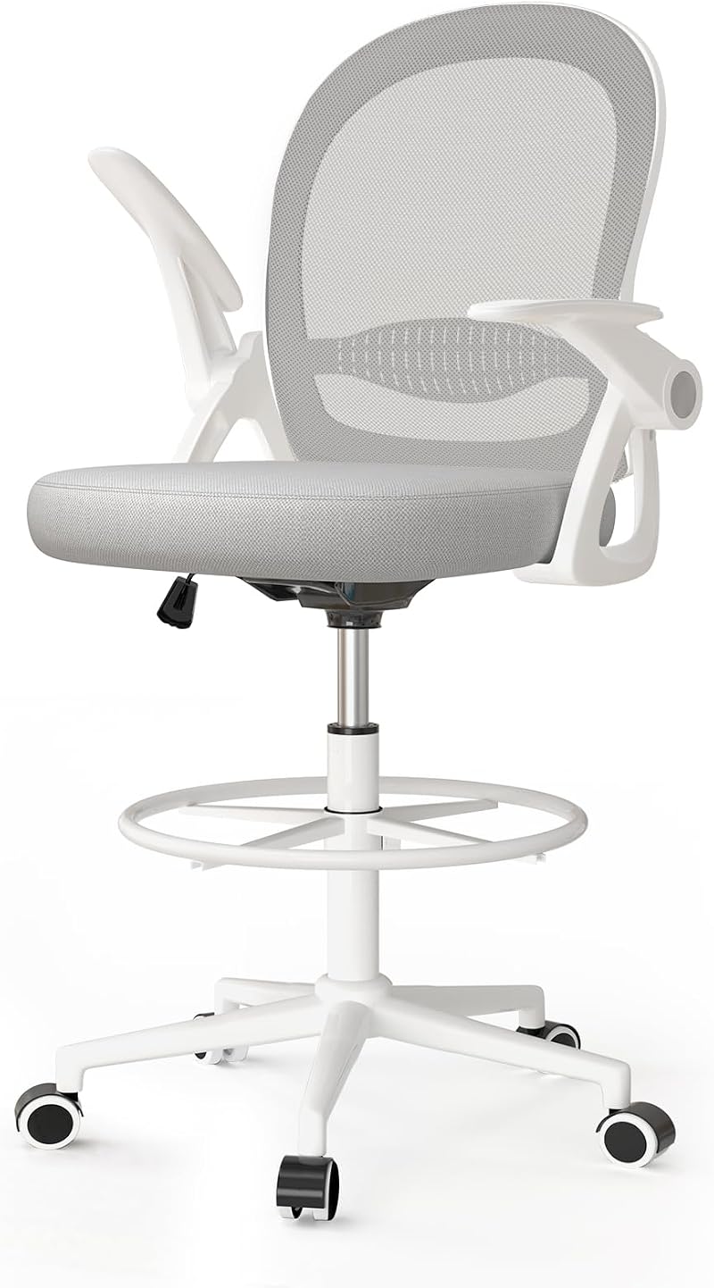 Naspaluro Drafting Chair Tall Ergonomic Office Chair with Flip-Up Armrests Grey