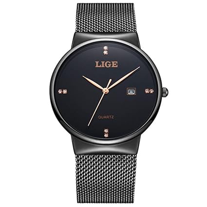 LIGE Japanese Quartz Stainless Steel Mesh Strap Waterproof Wristwatch for Men 9801 - Black
