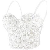 ELLACCI Women's 3D Floral Pearl Bustier Crop Top Party Club Bra Tops White