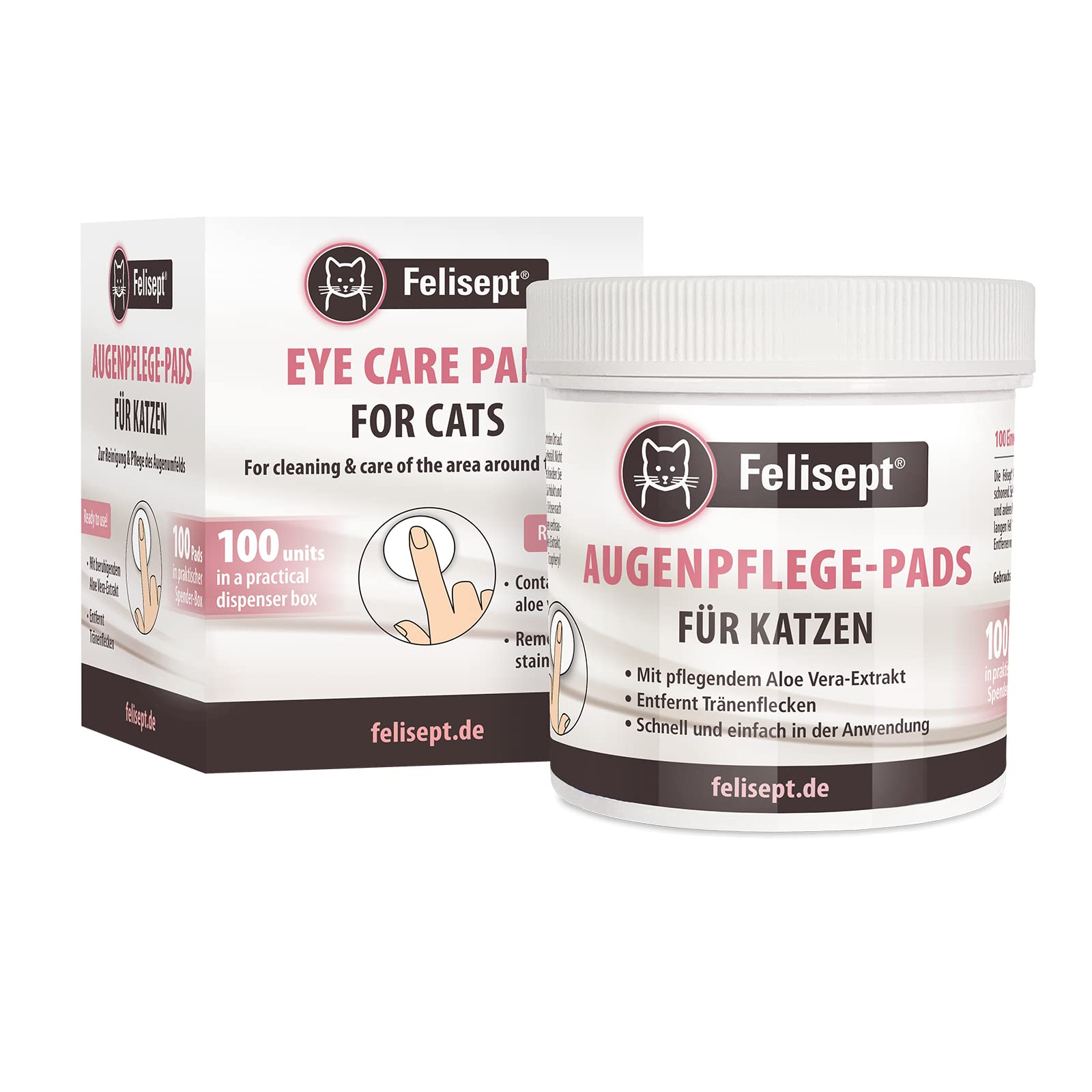 Felisept Eye Care 100 Pads for Cats - Against dirt and tear stone - Pads for cleaning and care of the eye area - With aloe vera extract