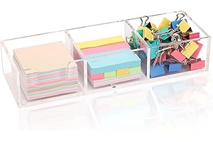 Dealpoli Acrylic 3in1 Sticky Note Holder Desk Organizer, 11.8" x 3.9" x 2.3" Self-Stick Memo Pad Dispenser for School Office Home Post Bank with 3 Compartments (DP003)