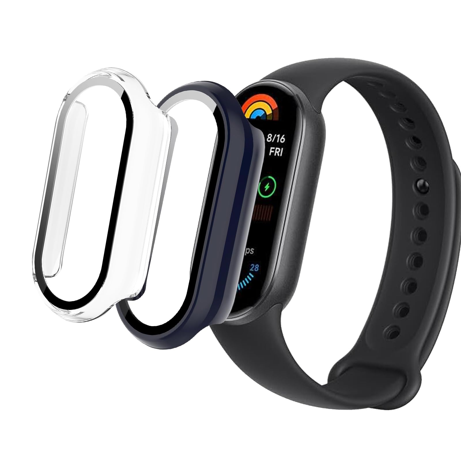 KUSINHOKA [2Pack] Case for Xiaomi Band 9/Band 9 NFC Tempered Glass Screen Protector，PC Hard Case Tempered Glass Screen Protection Cover Slim Full Cover Scratch Proof Protector，Transparent+Blue