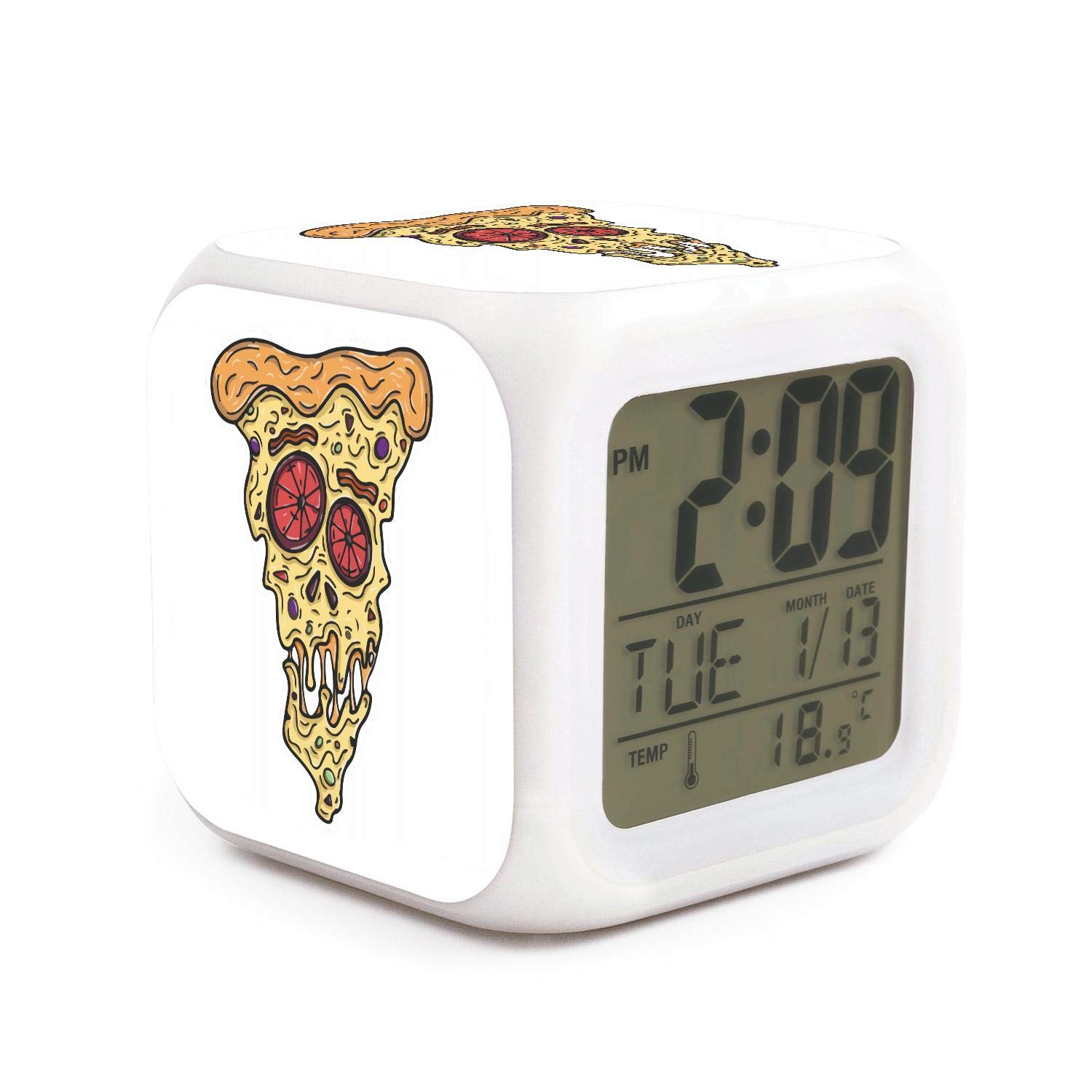 Face Pizza Monster Alarm Clock Displays Time Date and Temperature Soft Nightlight for Kids Home Office Bedroom Heavy Sleepers