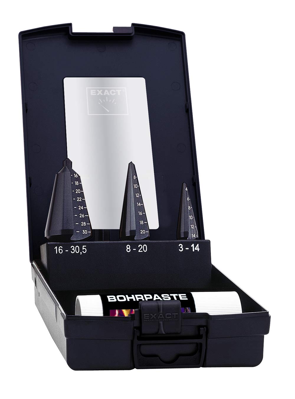 Exact 50118 Sheet Metal Drill Bit Set 3-14/4-20/16-30.5 mm + Drill Paste, HSS TiAlN Coating