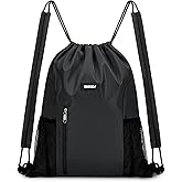 WANDF Drawstring Backpack with Shoulder Pad Sports Gym Backpack with Mesh Pocket String Bag for Women Men(Black)
