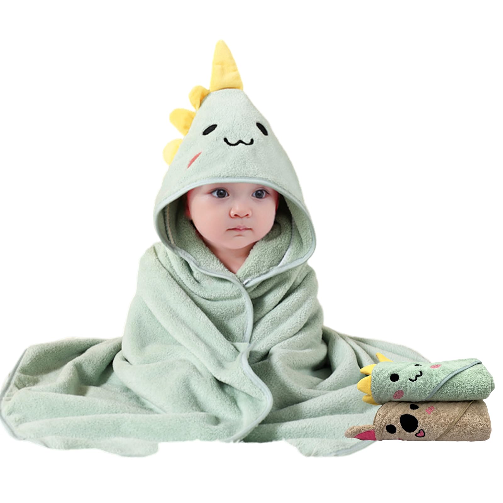 Photo 1 of TMIELYBS 2 Pack Premium Soft Baby Bath Towels with Hood - Green Dinosaur + Brown Koala - Ultra Absorbent, Baby Stuff Shower for Boys and Girls
