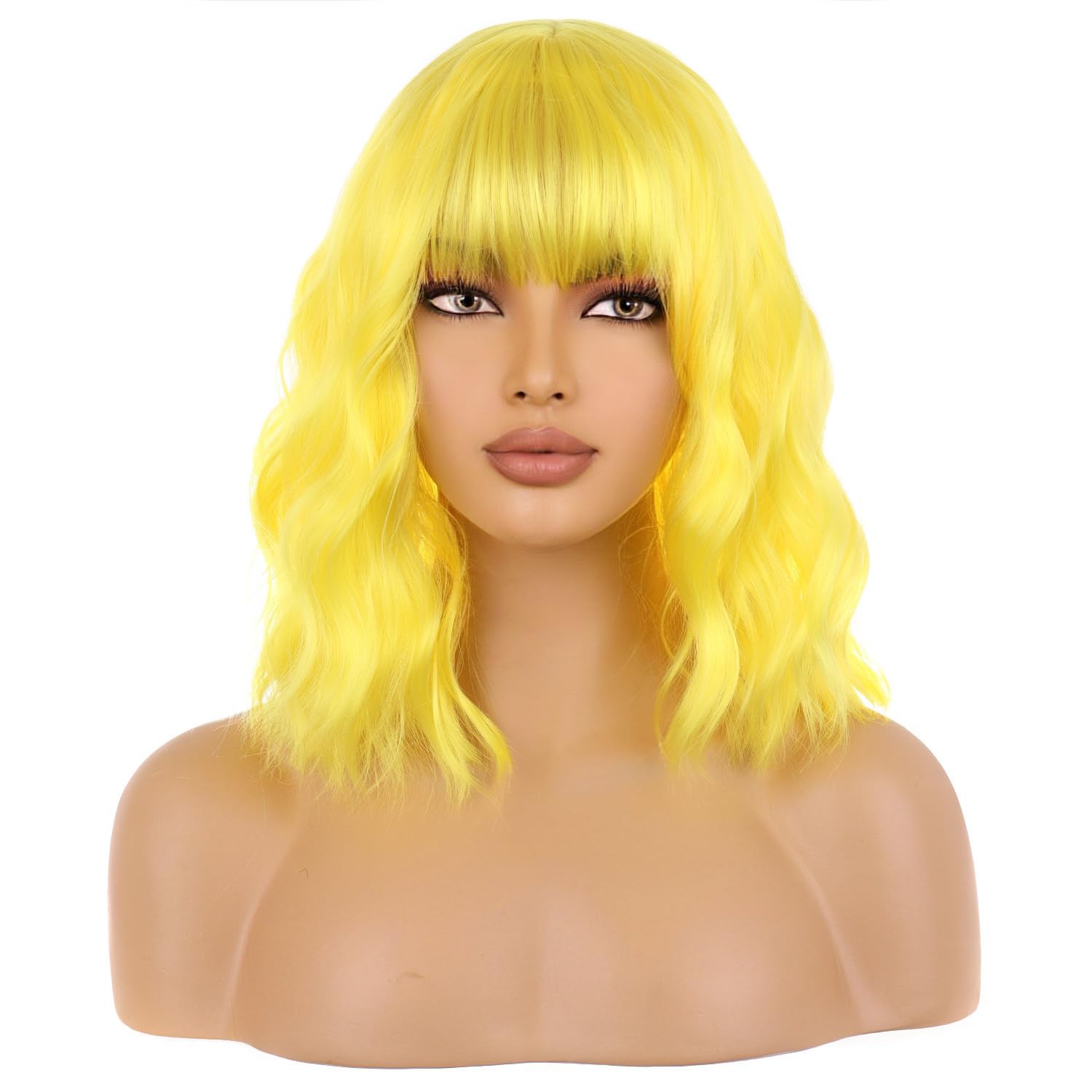Photo 1 of WTHCOS Short Yellow Bob Wig with Bangs for Women Bright Yellow Curly Wavy Hair Wigs Heat Resistant Synthetic Wig
