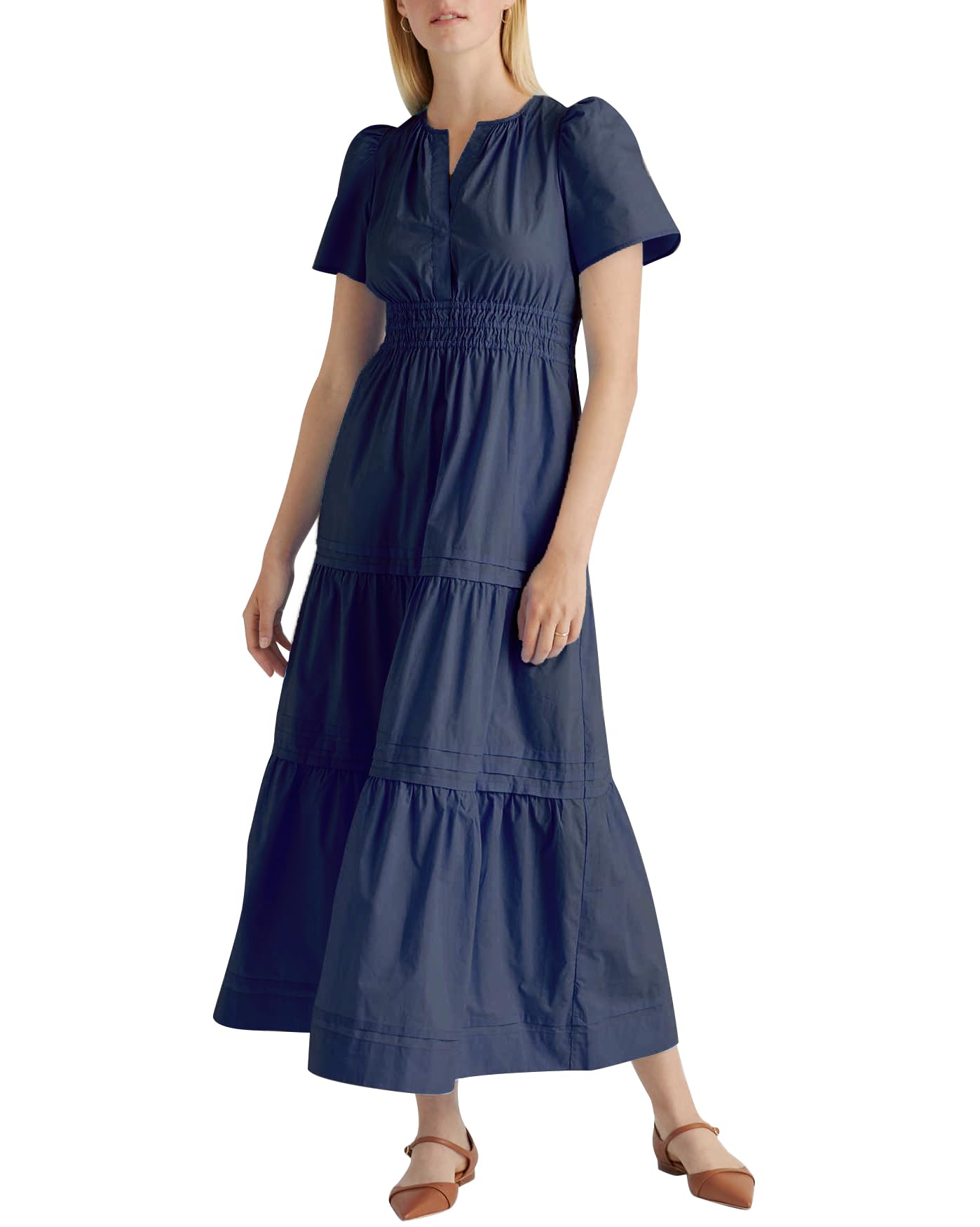 Photo 1 of YEXPINE Women's Summer Casual Short Sleeve Maxi Dress Swing A Line Loose Flowy Tiered Boho Long Dress Navy Blue XL 