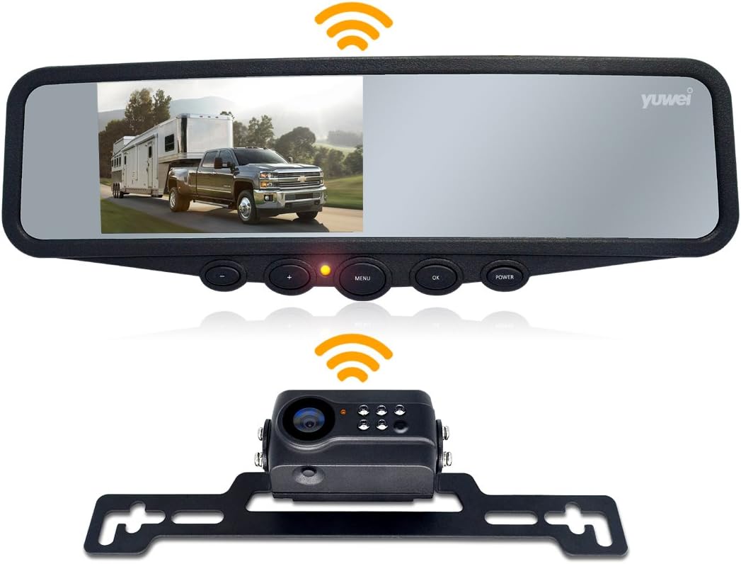 Wireless Backup Camera System, IP69K Waterproof Wireless License Plate Rear View Camera, Night Vision and 4.3’’ Wireless Mirror Monitor for Cars, Trailer, RV, Pickup Trucks, Cargo Vans, etc.