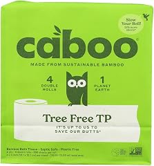 Caboo Tree Free Toilet Paper, Septic Safe Bath Tissue, Quick Dissolving 2 Ply Sheets - 300 Sheets Per Roll, 4 Double Rolls