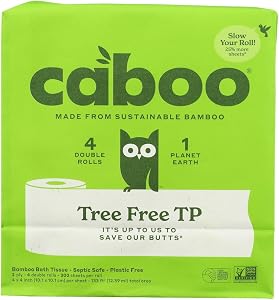 Caboo Tree Free Toilet Paper, Septic Safe Bath Tissue, Quick Dissolving 2 Ply Sheets - 300 Sheets Per Roll, 4 Double Rolls