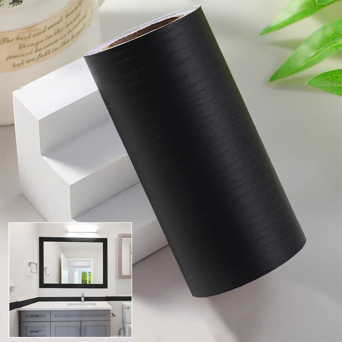 10 M Black Wood Grain Wallpaper Border,Mirror Frame Peel and Stick,Removable PVC Waterproof Border Wall Decor for Bedrooms,Kitchens,Bathrooms,Tiles(32.8 Ft by 3.94 Inches)