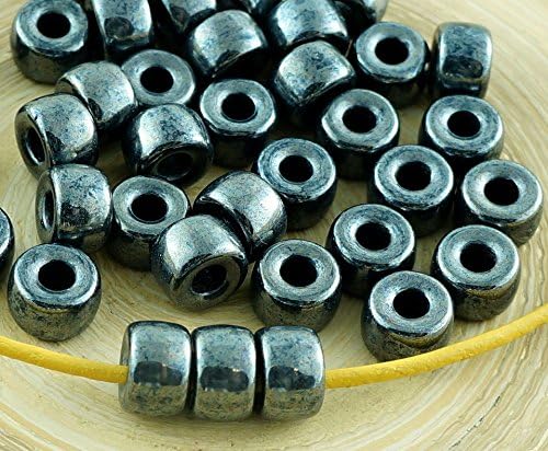 12pcs Metallic Jet Hematite Dark Silver Luster Czech Glass Pony Large Hole Beads Crow Ring Roller 9mm x 6mm