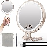 Travel Makeup Mirror with Lights,3000mAh Rechargeable 1X/20X Magnifying Mirror with Light, 7" Portable Lighted Beauty Mirror, Make Up Mirrors with 3 Light Colors, Dimmable Tabletop Handhold Hanging(N)